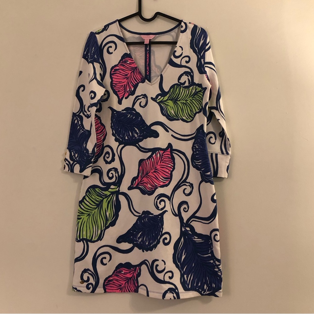 Lilly Pulitzer Dress White V Neck Leaves in The Breeze Floral